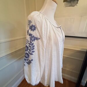 Max Studio White Peasant Blouse with Blue Floral Sleeve Embroidery